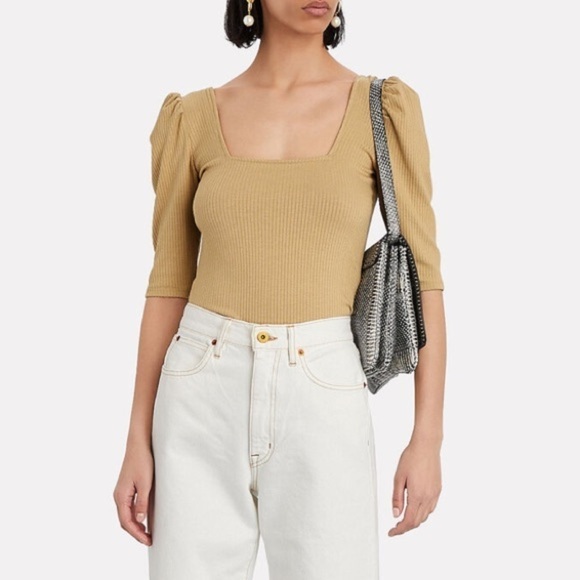 The Range Rib Knit Puff Sleeve Top NWOT in Beige Square Neck - Picture 2 of 6